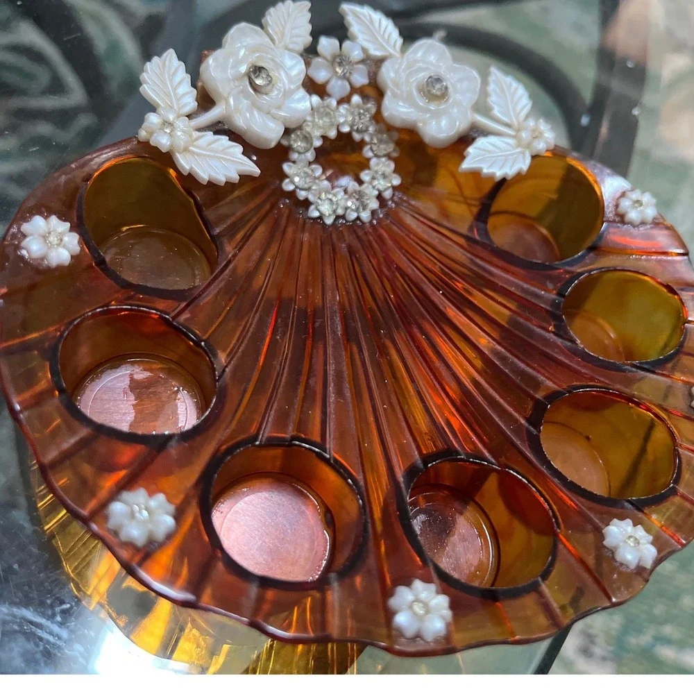 Vintage Amber Lucite Shell Lipstick Holder Floral Rhinestone Vanity Organizer